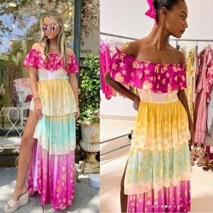 $795 NWOT New LoveShackFancy MAXI VYNNE Pink Gold Ruffles‎ Summer Dress 00 XXS